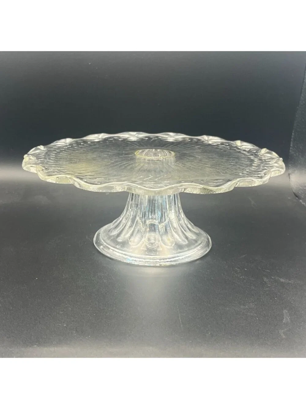 Vintage Clear Glass Pedestal Cake Stand Scalloped Edge Intricate Vine Design